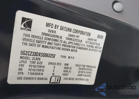 2005 Saturn Vue 4 Cyl z USA, uszkodzony, nr VIN 5GZCZ33DX5S862252